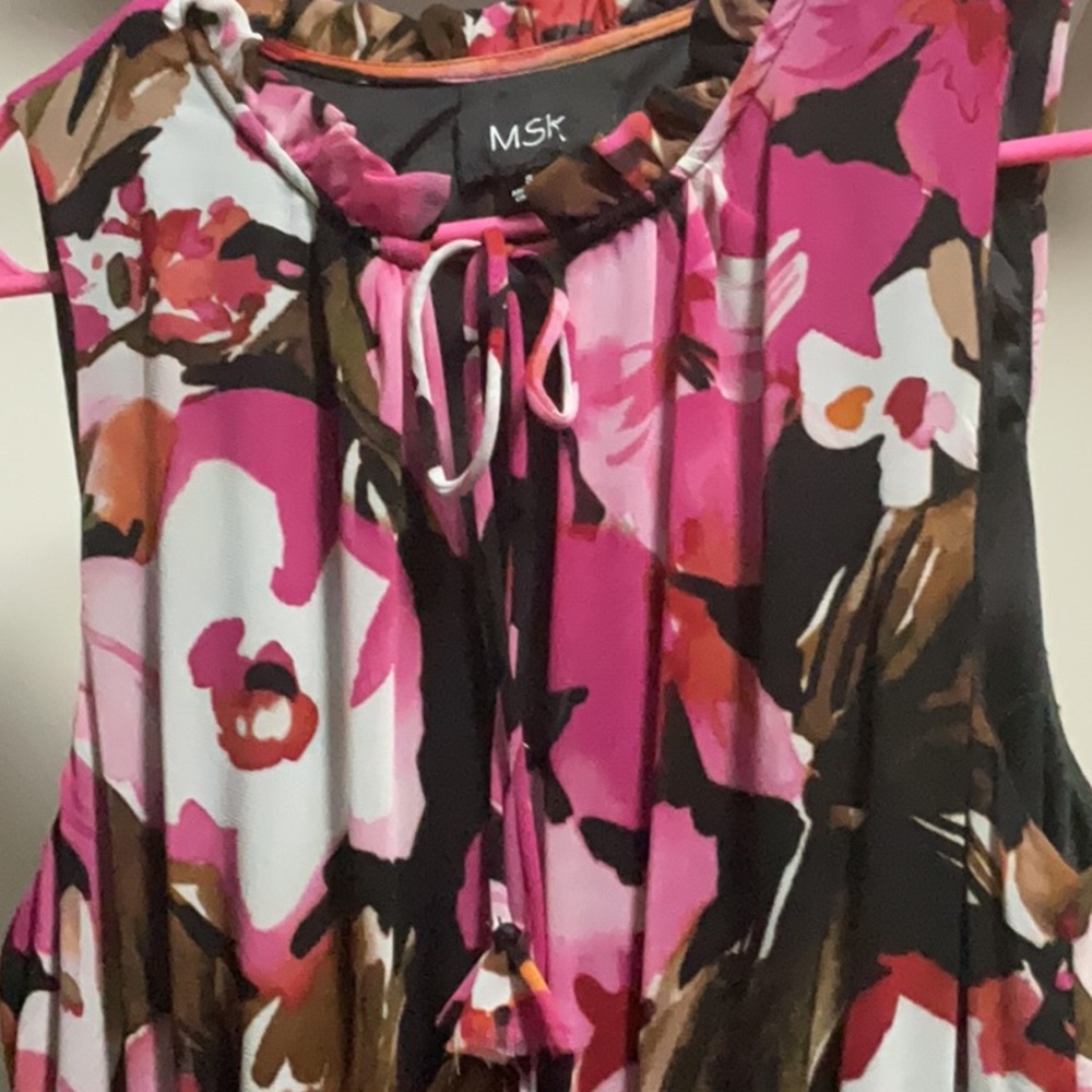 MSK Pink and Brown Maxi Dress with Tie Front and Mandarin Collar